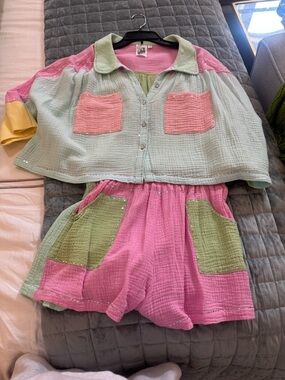QUEEN OF SPARKLES Pastel Patchwork Top and Shorts Set - Pink, Mint, Lime, Yellow